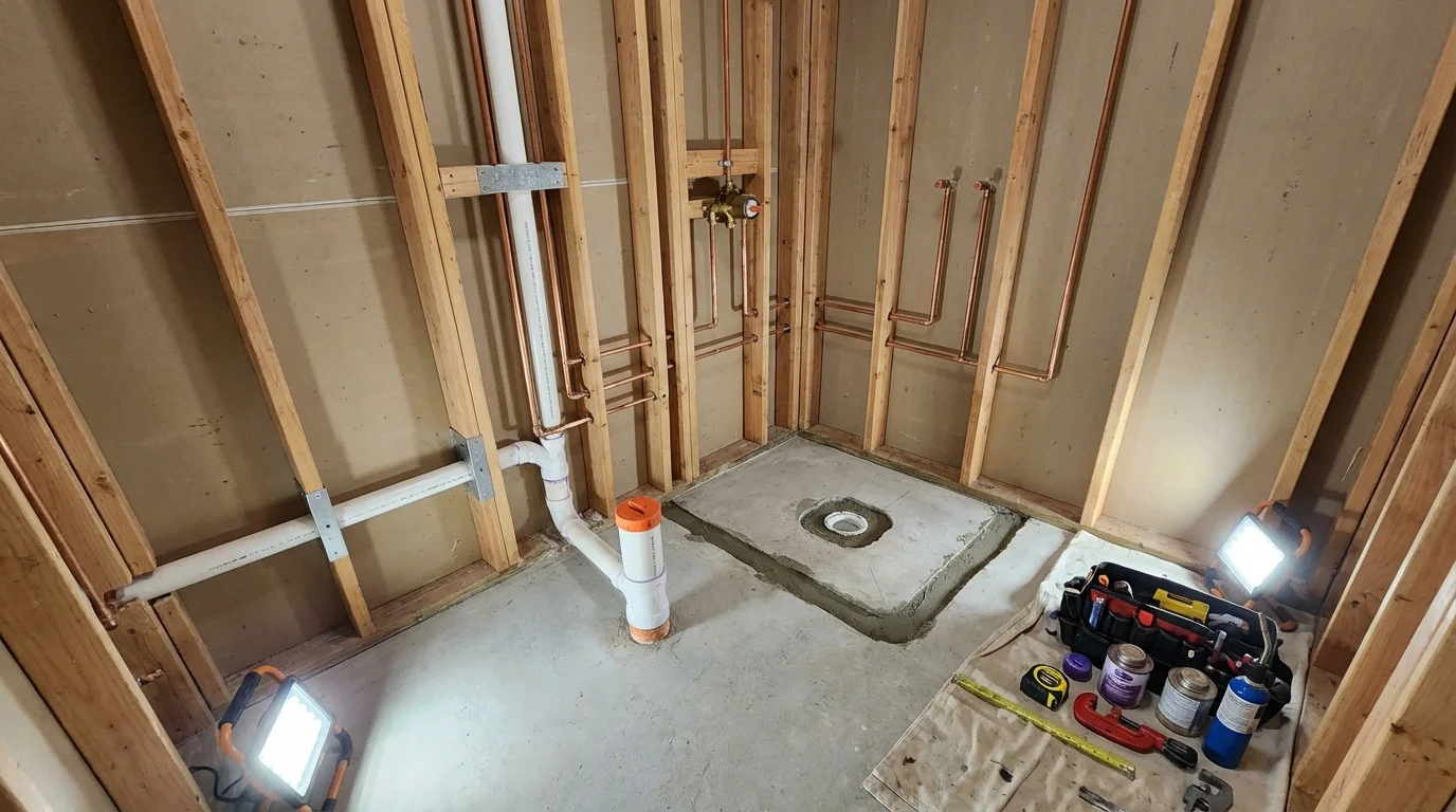 Bathroom rough-in plumbing during remodel by Johns Plumbing LLC in Oquawka
