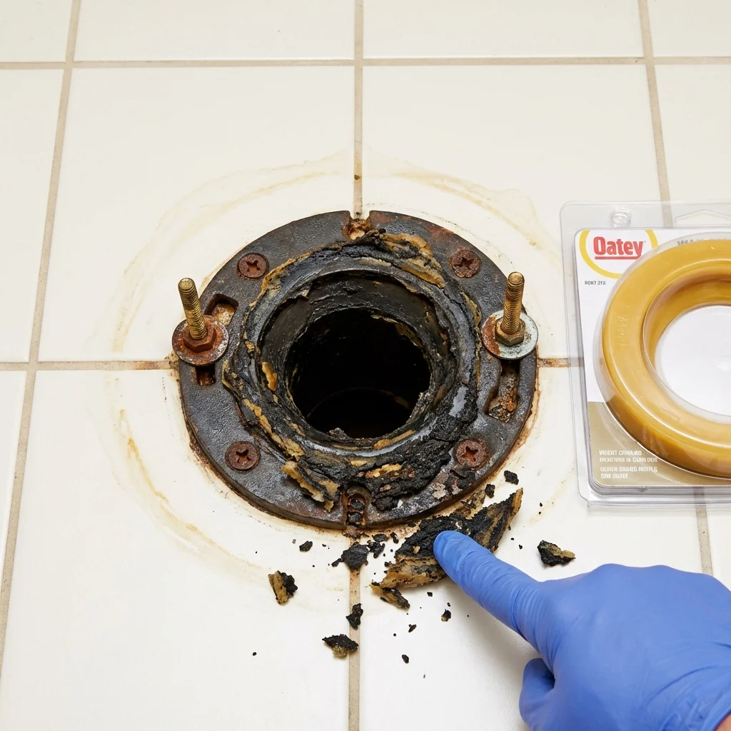 Failed wax ring showing water seepage at the base of a toilet in a Oquawka, IL home
